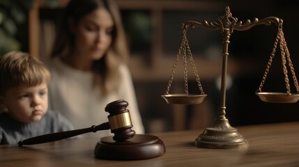 Cute child and mother at table with gavel of judge blurred in background, family law concept