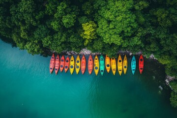 Wall Mural - Colorful kayaks lined along a serene blue lake. The green trees add a touch of nature to the vibrant scene. Perfect for summer adventures and outdoor activities. Generative AI