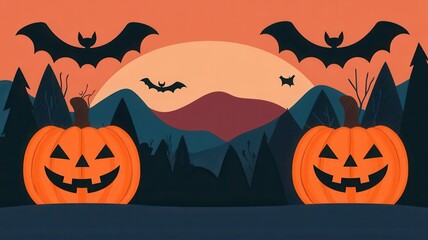 A spooky Halloween scene featuring two carved pumpkins, bats flying above, and a sunset backdrop with mountains and a forest silhouette.