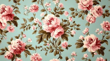  Elegant floral pattern featuring pink roses and green leaves against a serene blue background, perfect for vintage designs.