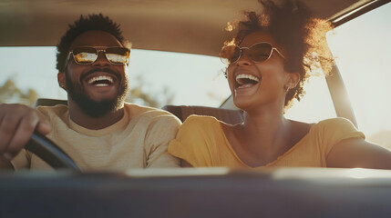 A man and a woman driving in a car, laughing and enjoying their trip, travel and fun concept  -