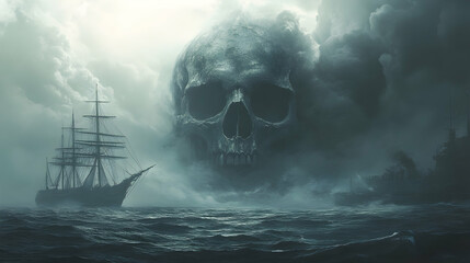 A skull floating ominously in the ocean near a ship, surrounded by smoke  -