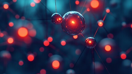 Close-up of glowing molecules in a futuristic environment, highlighting intricate connections and vibrant colors.