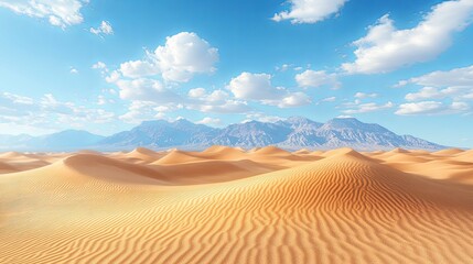 Sandy Desert Landscape with Mountain Range under a Blue Sky