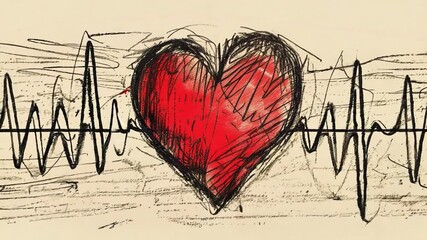Poster - A creative illustration features a red heart, intertwined with a black electrocardiogram line, symbolizing love, life, and emotion in a simplistic yet powerful manner.
