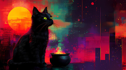 black cat sitting next to a bubbling cauldron. modern Halloween aesthetic