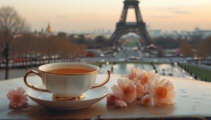 Charming Parisian skyline with a cozy mug of tea or coffee in the foreground