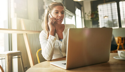 Sticker - Coffee shop, phone call and business woman on laptop for remote work, communication and networking. Freelancer, restaurant and person on computer in cafe for internet, planning and online discussion