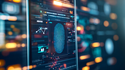 
Digital Identity Verification, A close-up of a smartphone screen displaying a fingerprint scan and a user's profile information.