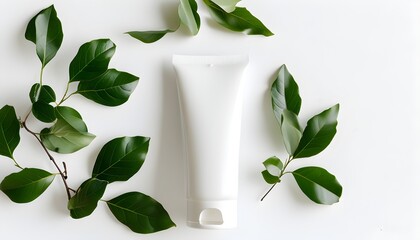 Wall Mural - Elegant white cream tube mockup surrounded by delicate leaves on a pristine white background