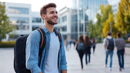 smiling young man in urban setting with backpack