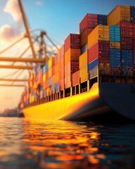 Cargo ship stacked with colorful containers at industrial port, illuminated by sunset. Modern maritime logistics and shipping industry.