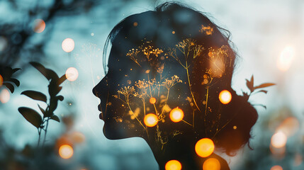 A double exposure photography of the silhouette of an adult woman's head filled with glowing flowers and fireflies, in front of a blurred nature background, with a bokeh