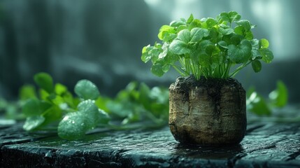 A small plant growing in a rustic pot on a wooden surface.