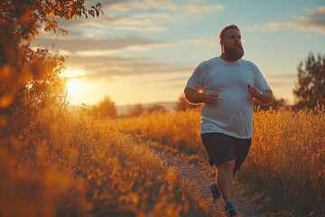 Obese man jogging in countryside during a beautiful sunset