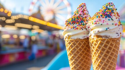 Two ice cream cones with colorful sprinkles in front of a blurred amusement park.