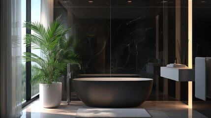 Wall Mural - Modern Bathroom with Black Marble Walls and Freestanding Bathtub