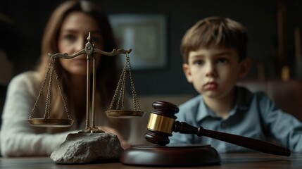 Cute child and mother at table with gavel of judge blurred in background, family law concept