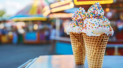 two ice cream cones with sprinkles on a table with blurred carnival background.