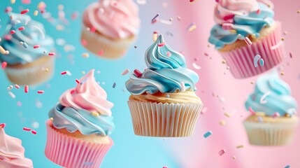 Wall Mural - Several cupcakes in flight and falling over a background of pastel pink and blue