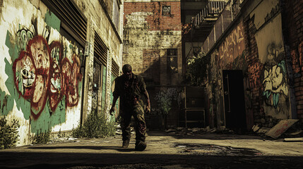 A zombie dragging its leg through a deserted alley, with graffiti covering the walls.