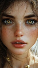 Wall Mural - Close-up Portrait of a Woman with Green Eyes and Freckles