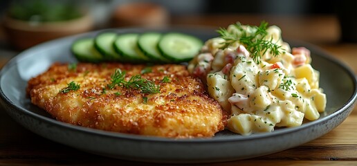 Wall Mural - Crispy fried chicken breast with potato salad and cucumber slices on a gray plate.