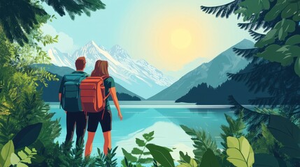 Poster - A Couple Gazing at a Breathtaking Mountain Lake