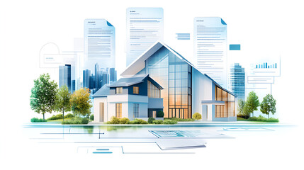 Wall Mural - Document Management for Real Estate Transactions, Illustrate the efficiency of document management in real estate transactions with an image showing digital contracts, property records, AI