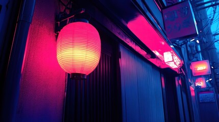 Canvas Print - Red Lantern Illuminates a Narrow Japanese Alleyway