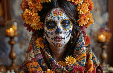 Beautiful woman with sugar skull makeup and flowers in her hair. Day Of The Dead.