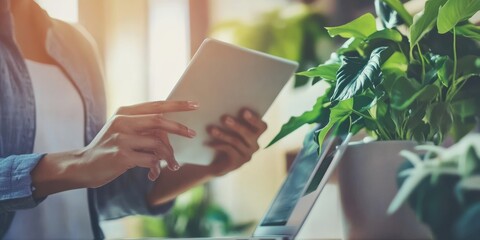 A modern office environment with close-up hands of two people discussing work