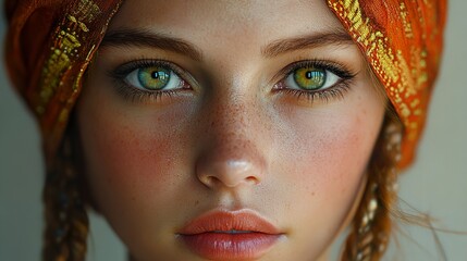 Wall Mural - Close-up Portrait of a Woman with Green Eyes and Freckles