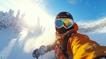 Wall Mural - Capture the essence of winter fun with a skiing or snowboarding selfie on a snowy mountainside