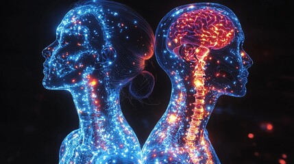 Wall Mural - an ai-rendered visual comparing how ms affects the brain versus the spinal cord, using different col