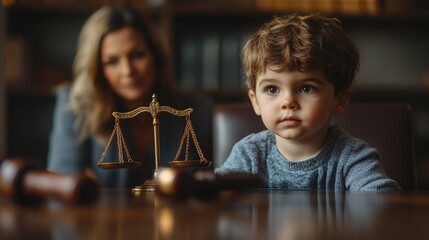 Cute child and mother at table with gavel of judge blurred in background, family law concept