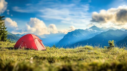 Wall Mural - camping on the hill, clouds, blue sky on blurred mountain background 