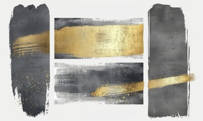 Black and golden painted grunge stains and lines set, abstract rectangular banners