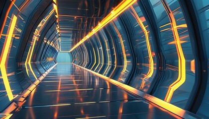 Futuristic Abstract Corridor Highlighted by Glowing Lights and Sleek Glass Walls in a Dynamic 3D Business Environment