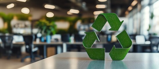 Eco-friendly recycling symbol made of green material in a modern office setting, promoting sustainability and environmental awareness.