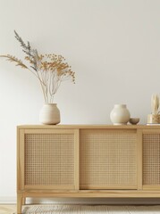 Wooden Cabinet with Sliding Doors and Woven Detailing against a White Wall with Dried Flowers in a Vase.