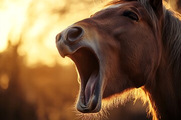 Wall Mural - Chestnut horse yawning in golden sunset light