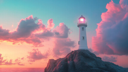 A white lighthouse stands majestically on rocky outcrop, illuminated by soft pink glow against pastel sky filled with clouds. serene ocean reflects beautiful colors of sunset, creating tranquil atmosp