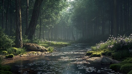 Wall Mural - Serene Forest Stream with Sunlight and Wildflowers