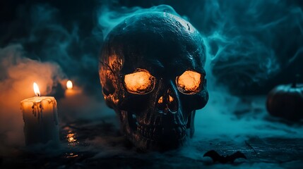 Wall Mural - Skull with fire flames on black background.