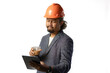 © Fajar - Indonesian male construction worker standing confidently and optimistically carrying a tablet and a cup of coffee, industrial and construction concept, isolated white background.