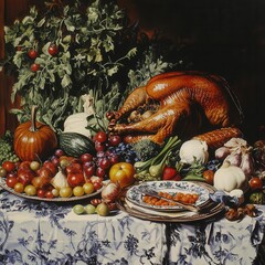 A table spread with harvest vegetables and fruits, with a turkey roasting in the background, [Thanksgiving], [feast preparation]