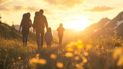 Family hiking in the mountains