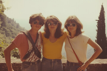 Poster - friends posing for photo in 1980 travel memories