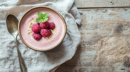 Wall Mural - Delightful Raspberry Yogurt Dessert on Rustic Wooden Background